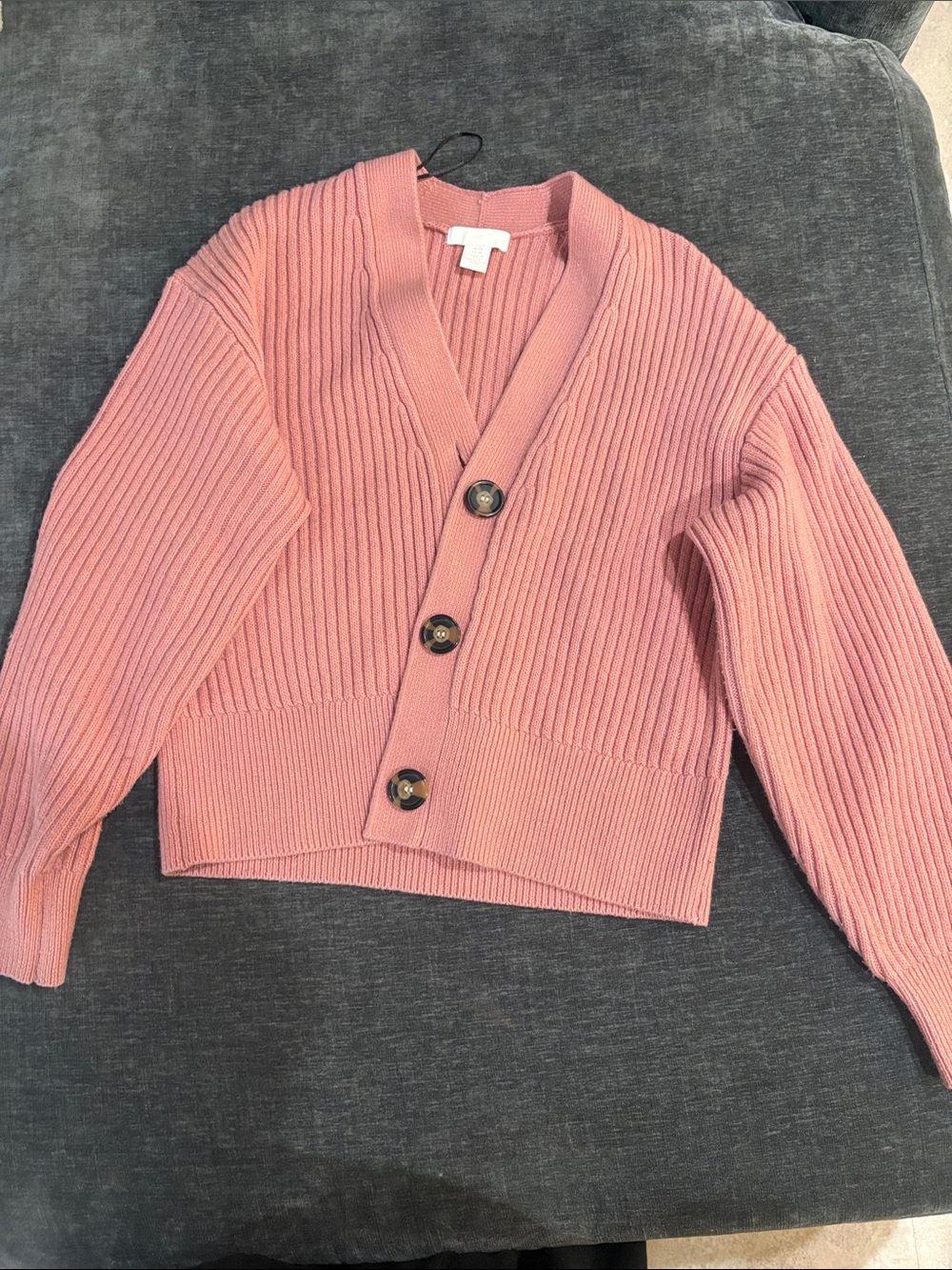 H&M Ribbed Button-Front Cropped Cardigan - Rose Pink